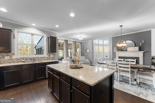 kitchen featuring tasteful backsplash, open floor plan, dark wood finished floors, and a sink