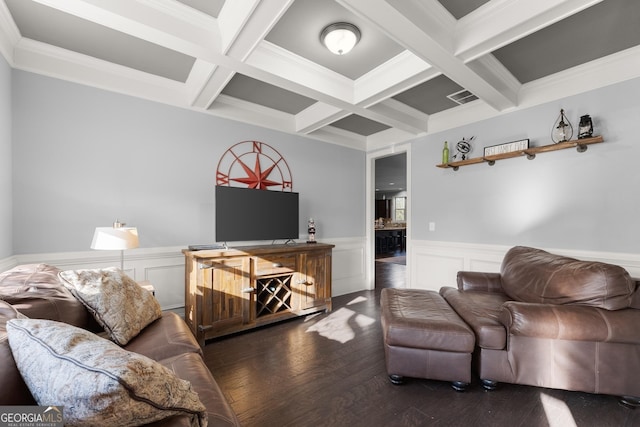 living room featuring visible vents, coffered ceiling, beamed ceiling, and wood finished floors