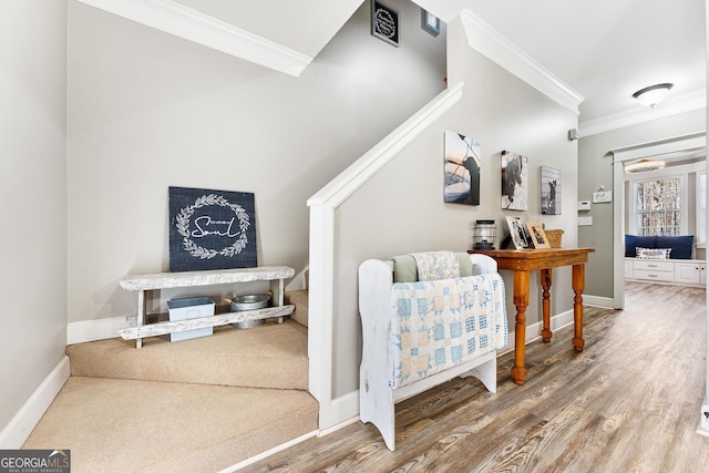 living area featuring wood finished floors, baseboards, and ornamental molding