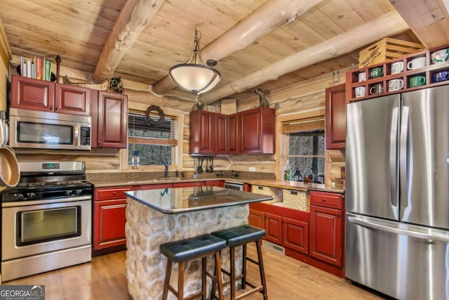 kitchen with a sink, dark brown cabinets, appliances with stainless steel finishes, and rustic walls