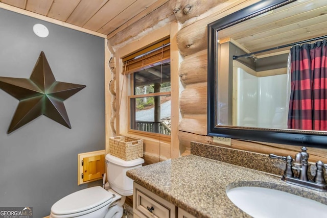 bathroom with a shower with shower curtain, toilet, wooden ceiling, and vanity