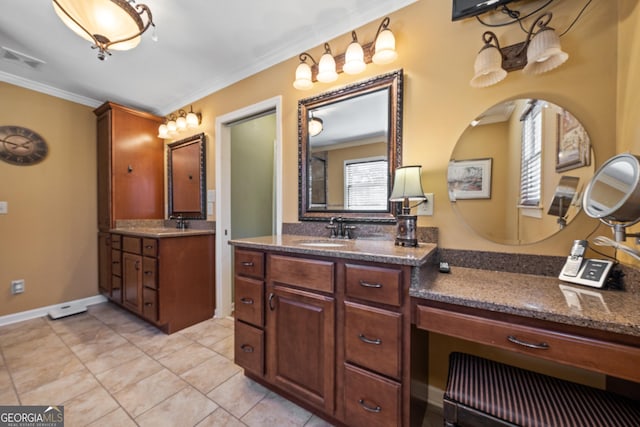 full bath featuring visible vents, two vanities, ornamental molding, tile patterned flooring, and a sink