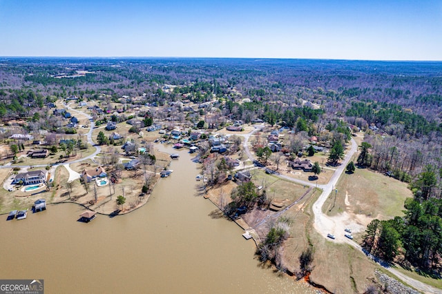 bird's eye view featuring a forest view and a water view