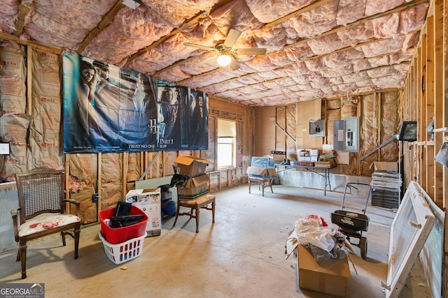 misc room featuring electric panel, concrete floors, and ceiling fan