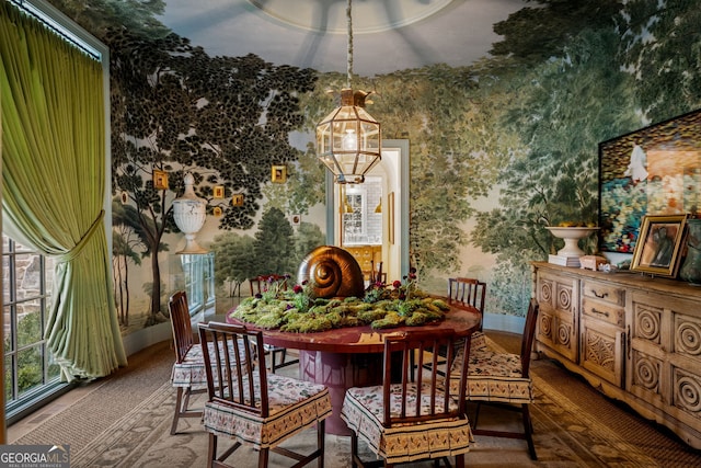 41 Blackland Rd NW, Atlanta, GA 30342 - dining room with wallpapered walls, baseboards, and an inviting chandelier