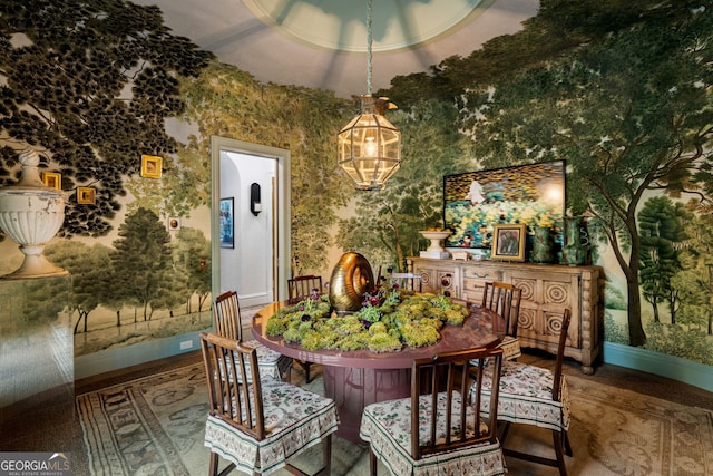 41 Blackland Rd NW, Atlanta, GA 30342 - dining room with wallpapered walls, baseboards, and a chandelier