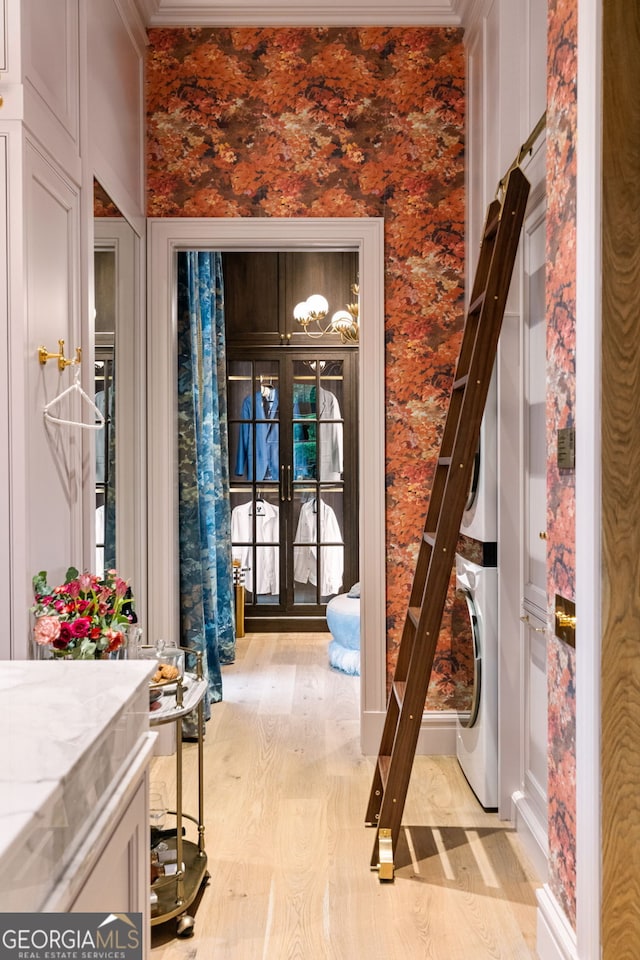 41 Blackland Rd NW, Atlanta, GA 30342 - interior space with ornamental molding, french doors, wallpapered walls, and light wood-style flooring