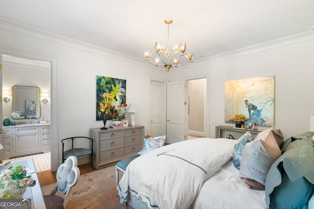 41 Blackland Rd NW, Atlanta, GA 30342 - bedroom featuring ensuite bathroom, wood finished floors, a notable chandelier, and crown molding
