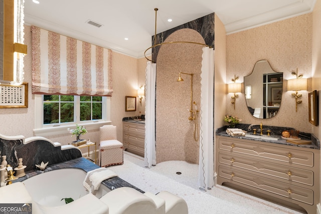41 Blackland Rd NW, Atlanta, GA 30342 - full bath featuring visible vents, two vanities, a shower with shower curtain, and crown molding