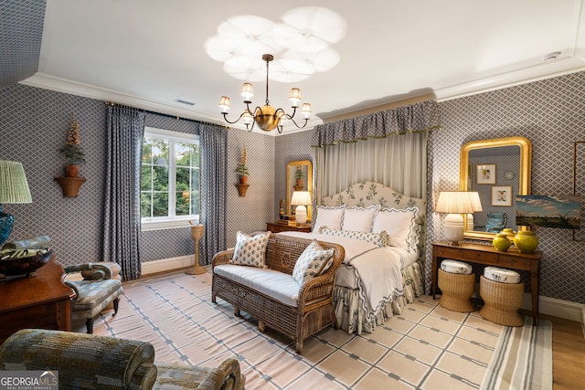 41 Blackland Rd NW, Atlanta, GA 30342 - bedroom featuring an inviting chandelier, ornamental molding, wallpapered walls, and baseboards