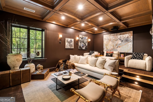 41 Blackland Rd NW, Atlanta, GA 30342 - cinema featuring coffered ceiling, crown molding, beam ceiling, and visible vents