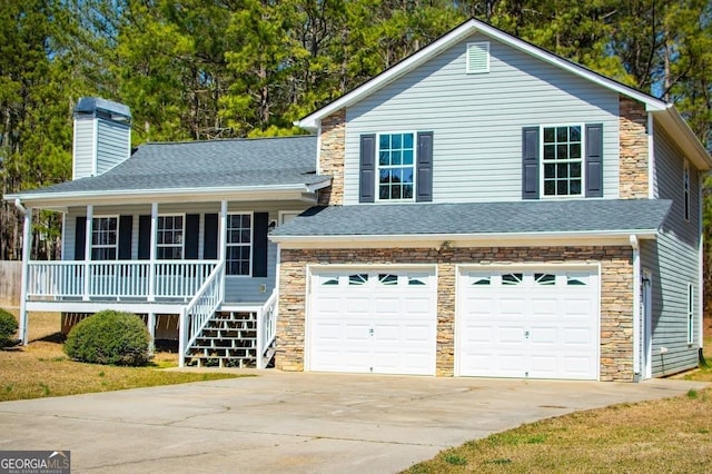 split level home with roof with shingles, an attached garage, covered porch, a chimney, and concrete driveway