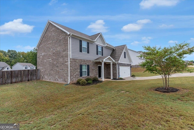 traditional-style home with brick siding, concrete driveway, a front lawn, and fence