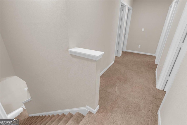 hall featuring carpet flooring and baseboards