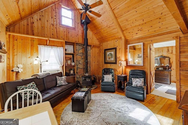 living area featuring hardwood / wood-style floors, a wood stove, wood ceiling, and wood walls