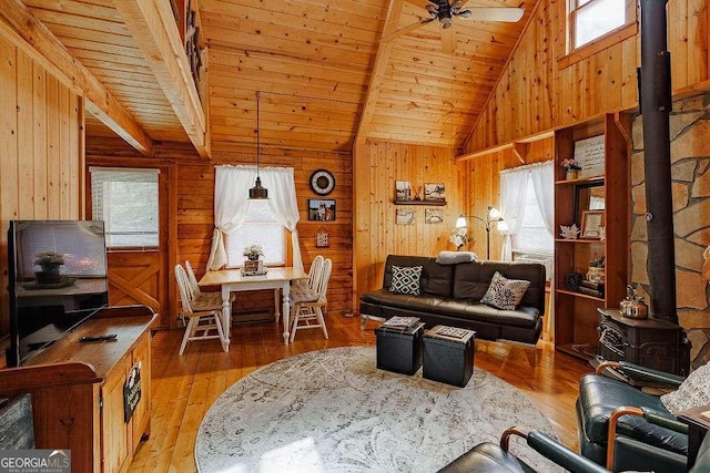 living room with wooden ceiling, a ceiling fan, wood walls, and a wood stove