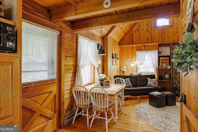 living area featuring hardwood / wood-style floors, lofted ceiling with beams, wooden walls, and wood ceiling