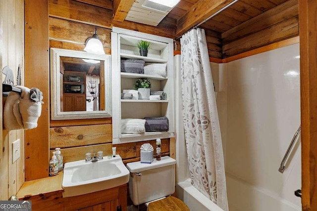 full bath featuring vanity, wooden walls, shower / tub combo, wood ceiling, and beamed ceiling