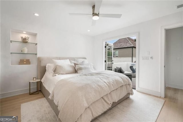 bedroom with visible vents, recessed lighting, baseboards, and light wood finished floors