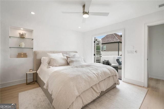 bedroom with recessed lighting, light wood-style flooring, visible vents, and baseboards
