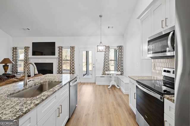 kitchen featuring a wealth of natural light, light wood-type flooring, visible vents, a sink, and stainless steel appliances