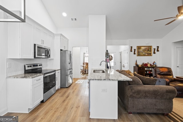 kitchen with light wood finished floors, open floor plan, stainless steel appliances, and a sink