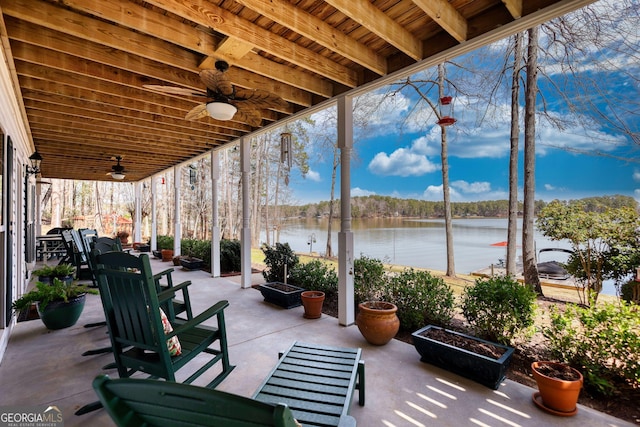 view of patio featuring a water view and a ceiling fan