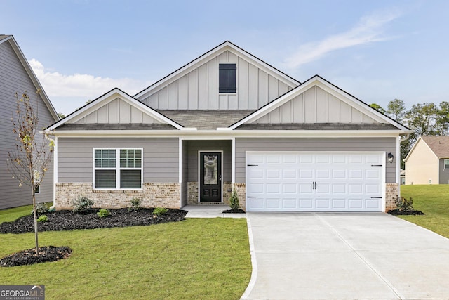 craftsman inspired home with brick siding, board and batten siding, driveway, and a front yard