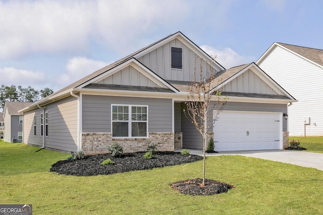 view of front of house with brick siding, board and batten siding, a front yard, driveway, and an attached garage