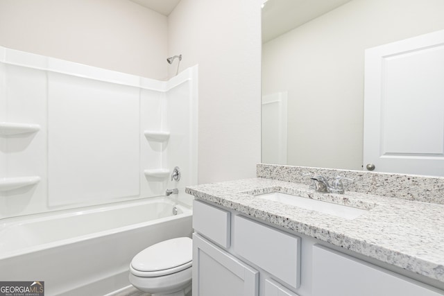 full bathroom featuring toilet,  shower combination, and vanity