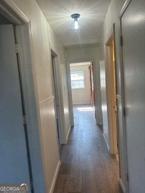 hallway featuring wood finished floors and a textured ceiling