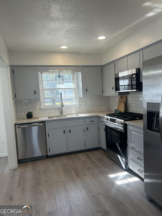 kitchen with wood finished floors, backsplash, stainless steel appliances, and a sink