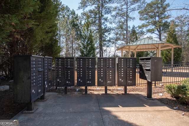 view of community featuring mail area and fence