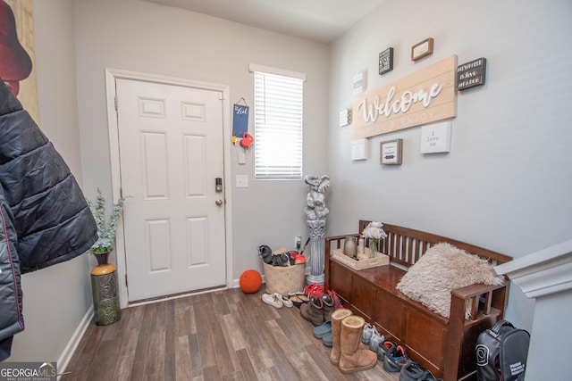 foyer entrance with baseboards and wood finished floors