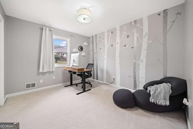 home office featuring visible vents, baseboards, and carpet