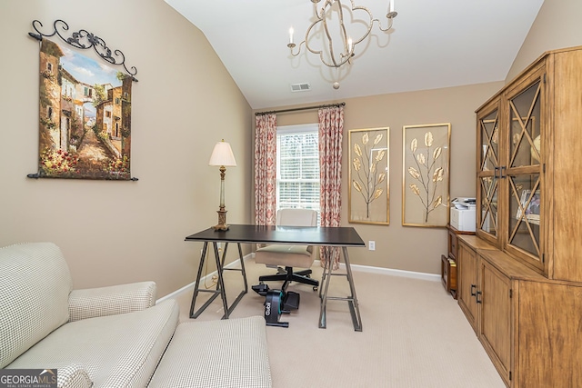 home office featuring visible vents, baseboards, a chandelier, vaulted ceiling, and light carpet