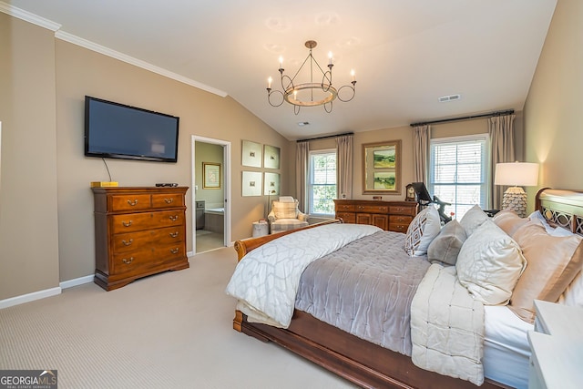 bedroom with baseboards, visible vents, carpet floors, lofted ceiling, and a notable chandelier