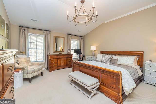 bedroom with light carpet, visible vents, an inviting chandelier, and vaulted ceiling