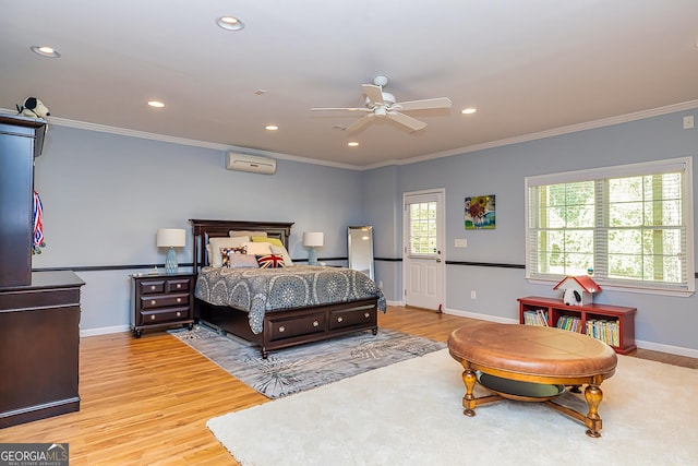 bedroom featuring recessed lighting, light wood-type flooring, a wall mounted AC, and ornamental molding