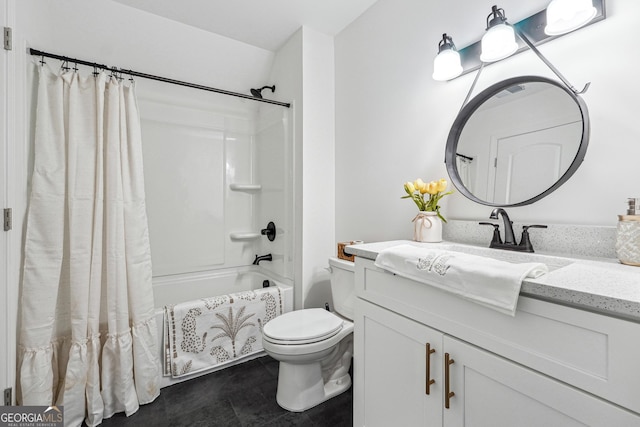 full bath featuring tile patterned flooring, vanity, toilet, and shower / tub combo with curtain