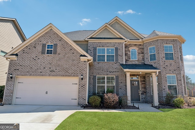 view of front of property featuring concrete driveway, an attached garage, brick siding, and a front lawn