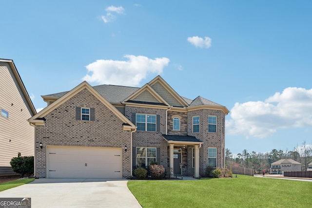 view of front of house with a garage, brick siding, concrete driveway, and a front lawn