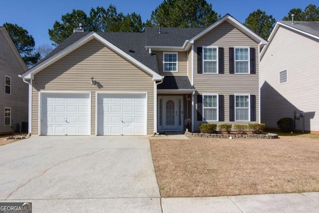 traditional home with a garage, central air condition unit, roof with shingles, and concrete driveway