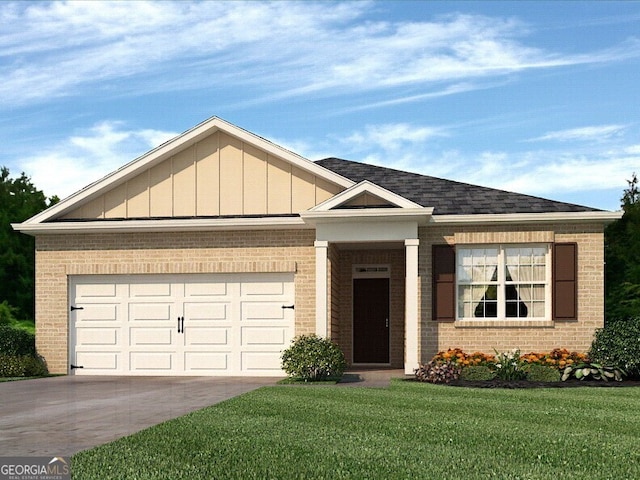 single story home featuring driveway, a front lawn, board and batten siding, an attached garage, and brick siding