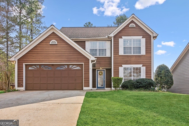 traditional-style house featuring a garage, driveway, and a front lawn