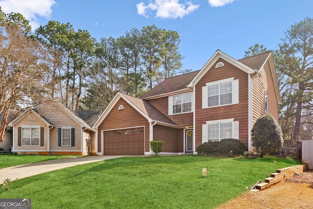 traditional home with a shingled roof, a front lawn, fence, concrete driveway, and a garage