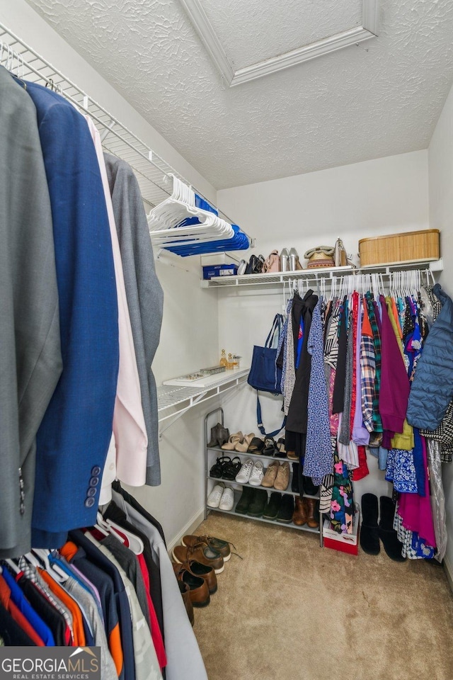 spacious closet featuring carpet and attic access