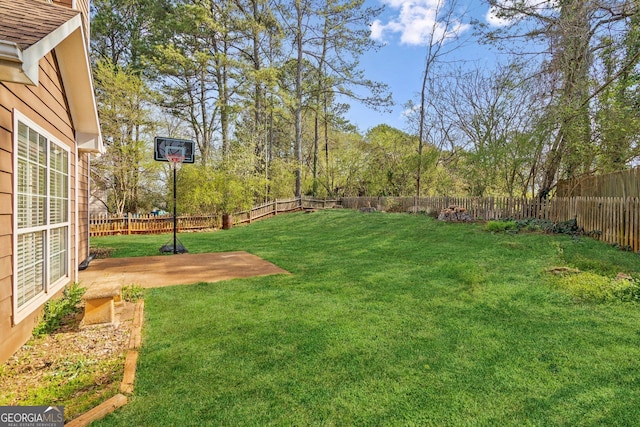 view of yard with a fenced backyard and a patio area