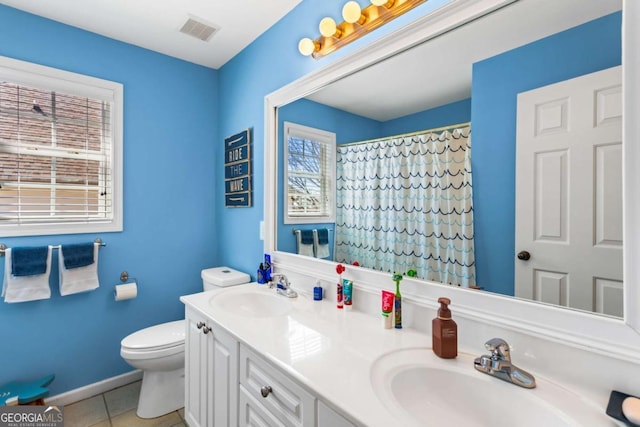 bathroom with tile patterned flooring, visible vents, toilet, and a sink