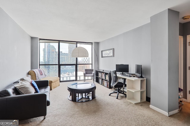 carpeted office featuring expansive windows and baseboards